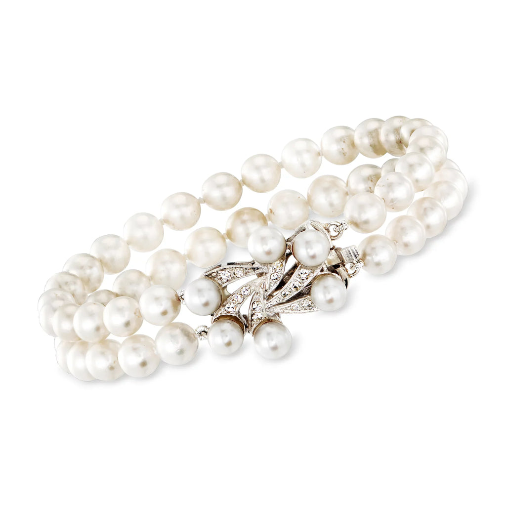 Gold, Women's, Pearl t.w. in C. Diamond Adult, 14kt Clasp Pre-Owned White Vintage .20 Cultured ct. Bracelet 2-Row With 5.3-6.3mm 1950 Ross-Simons