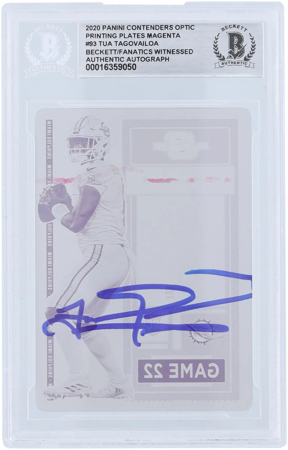 Authentic Optic Contenders Autographed Tagovailoa Magenta Certified #93 Fanatics Rookie Fanatics 2020 Card Miami Plate Beckett Tua Witnessed Dolphins Printing Panini - Authenticated #1/1