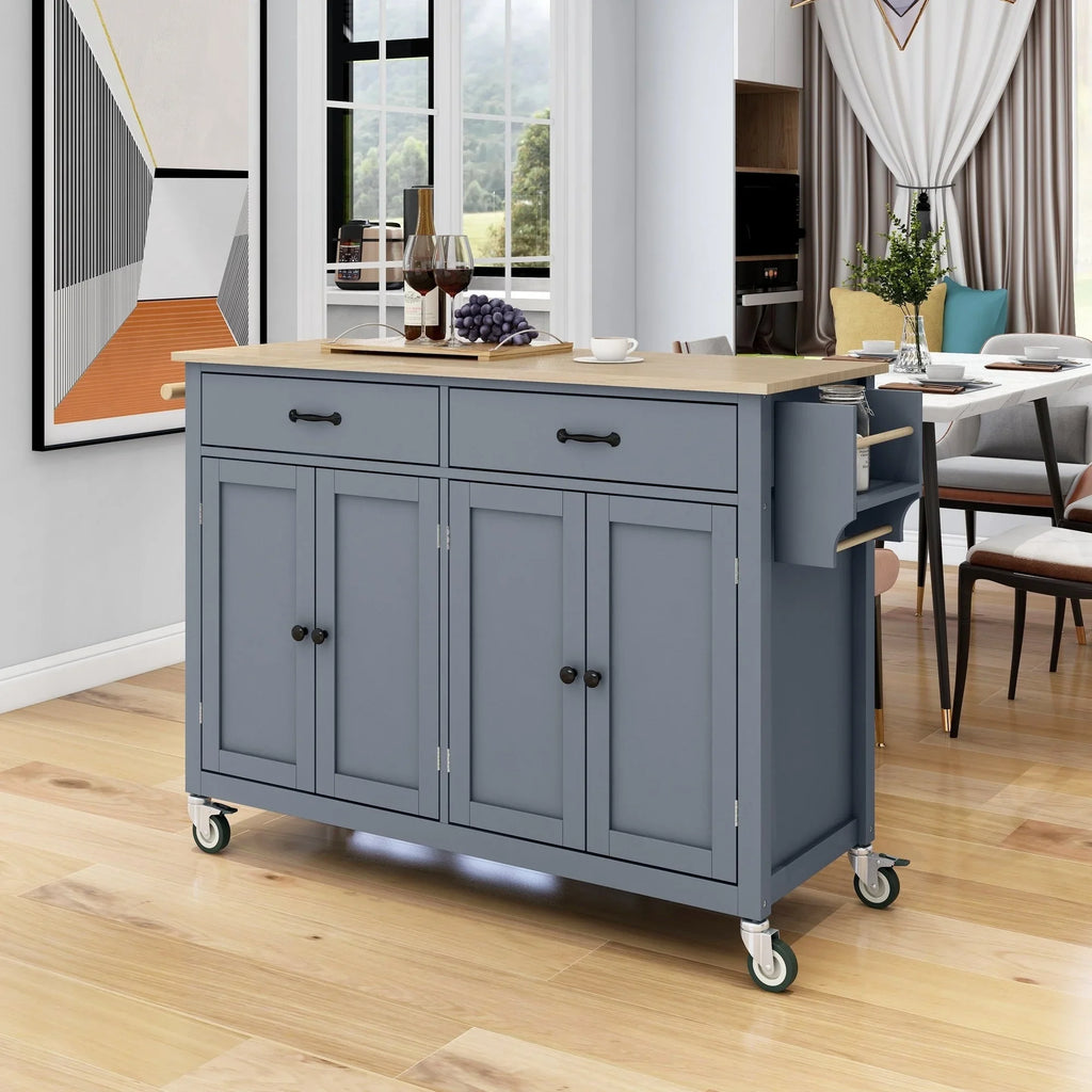 Kitchen Wood Locking - Blue Wheels Grey Top Island Solid Granite with Cart and