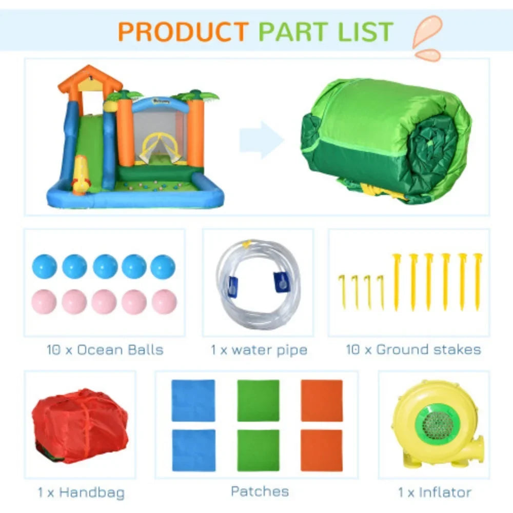 air-filled Summer with Tropical Theme Pool Wall 6-in-1 Includes Blower Carry Air Climbing Cannon Floating Ball Repair and Patches Castle Jumping 450W Trampoline Slide Bag, Water Slide Outsunny