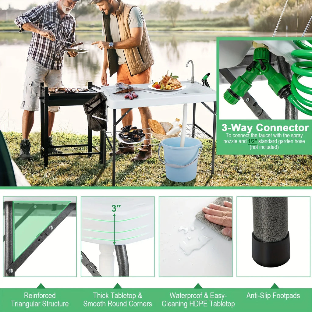 Fish Portable Camping W/ Faucet Grid Cleaning Table Table, Folding Hose Rack