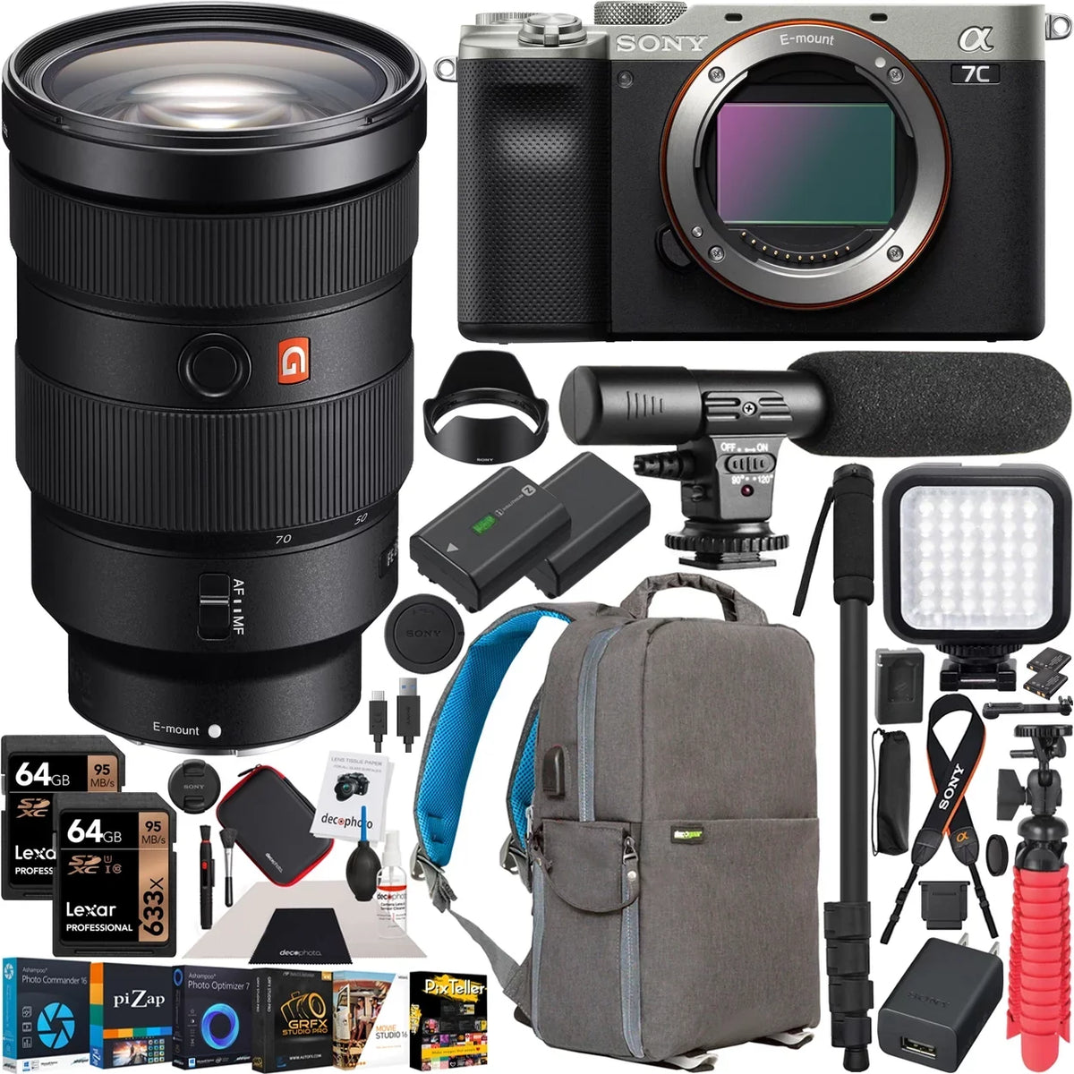 a7C GM Sony Deco w/ Case SEL2470GM and Zoom Bundle Accessories with Sony Software Master 24-70mm Lens G Backpack F2.8 FE Mirrorless Frame Camera Gear Full , Photography Silver ILCE7C/S Body