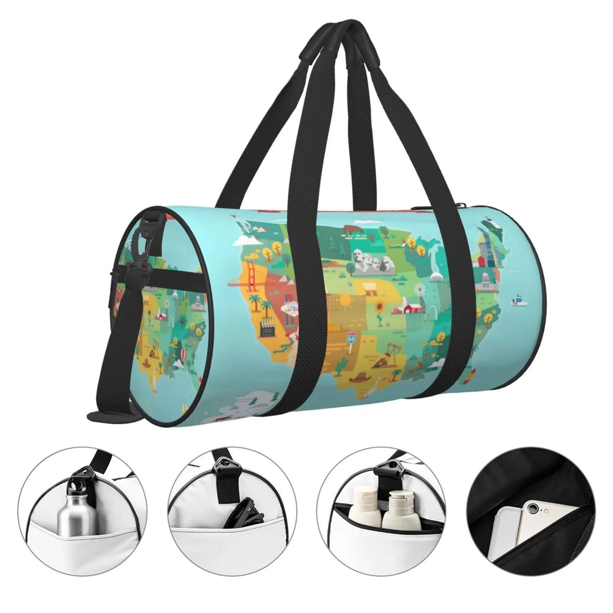 with Travel Capacity Map Cylinder USA Bag Tourist Sports Pocket Bag Coaee Large Compartment and Luggage Gym Waterproof Bag