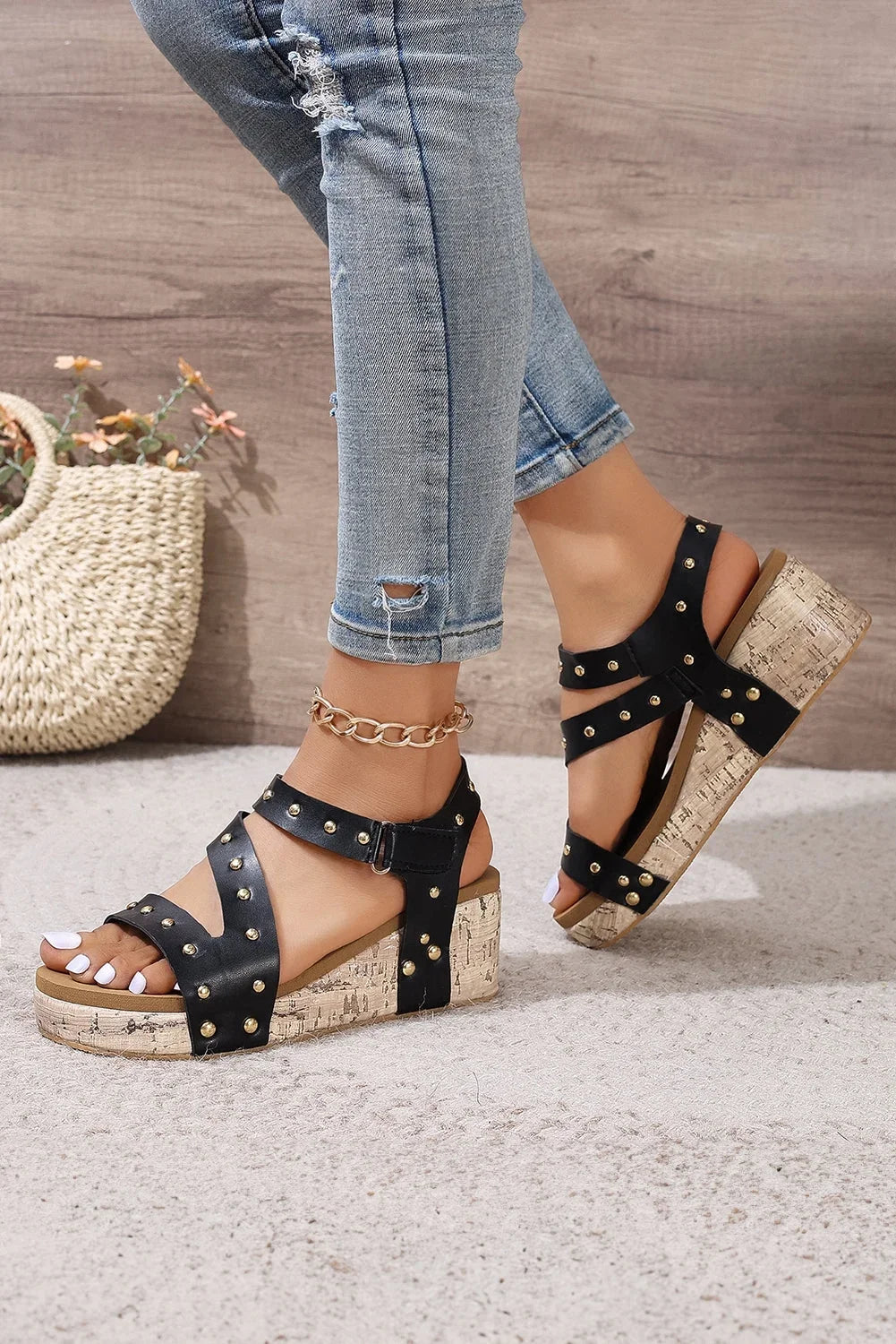 Out Black Wedge Sandals Rivet Hollow Leather