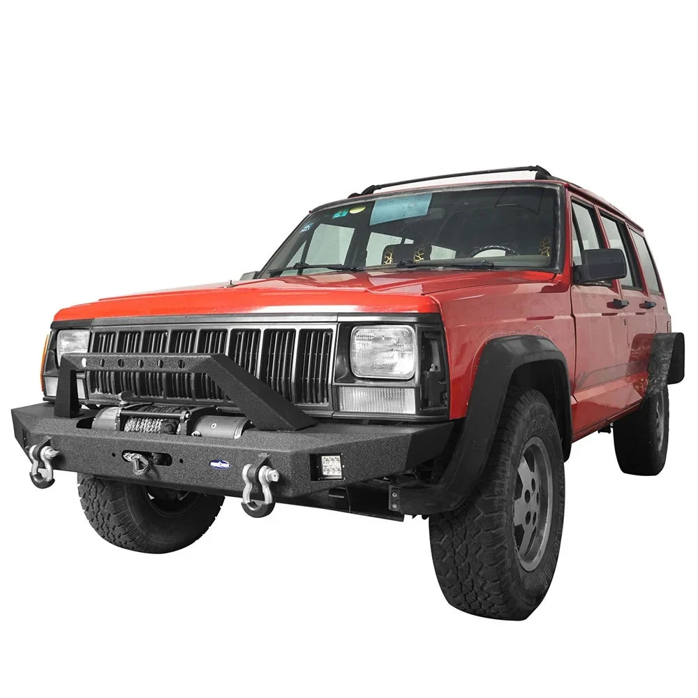 LED W/ Road Winch Front Steel Bumper & Jeep Cherokee XJ Fit 1984-2001 Hooke Spotlights Plate