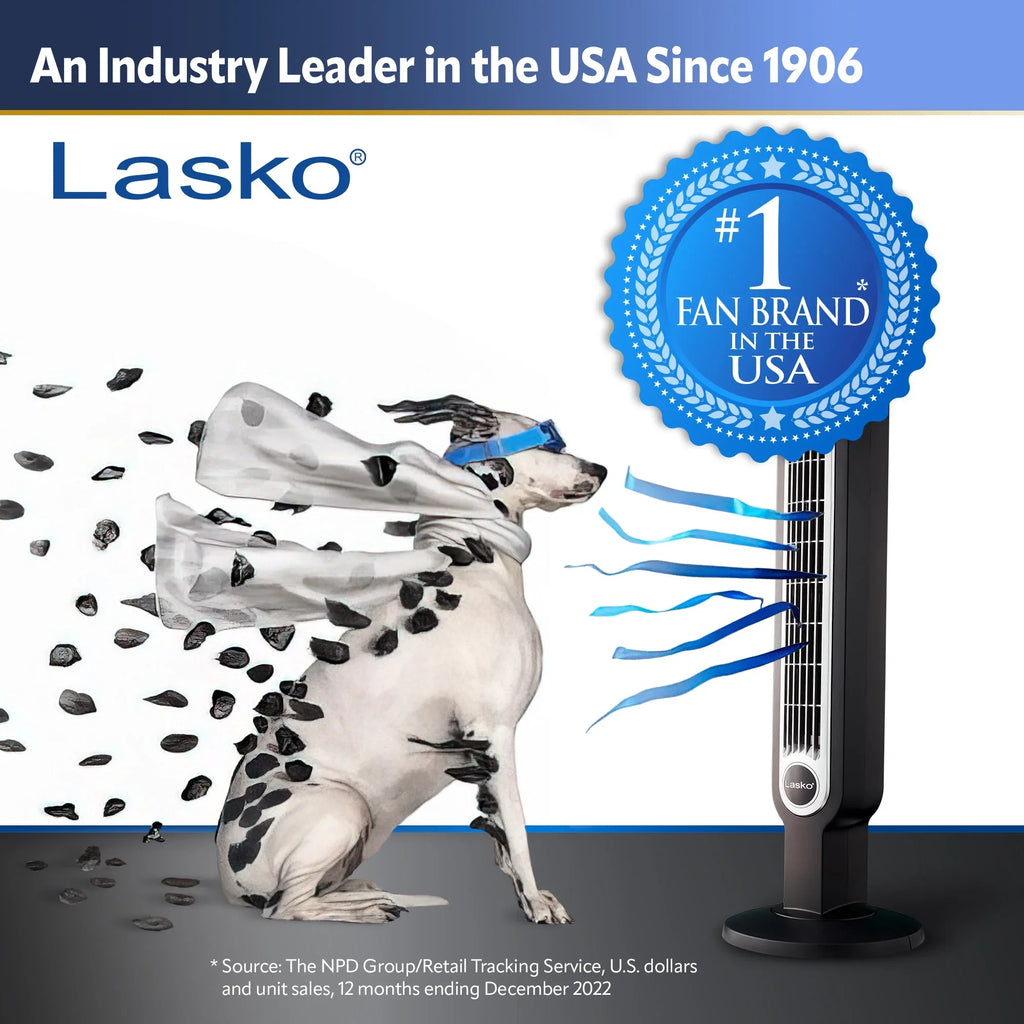 Lasko Power Black Cord, 42” Outdoor Tower Fan 10 Misto with Foot YF300, 4 Speeds, Misting