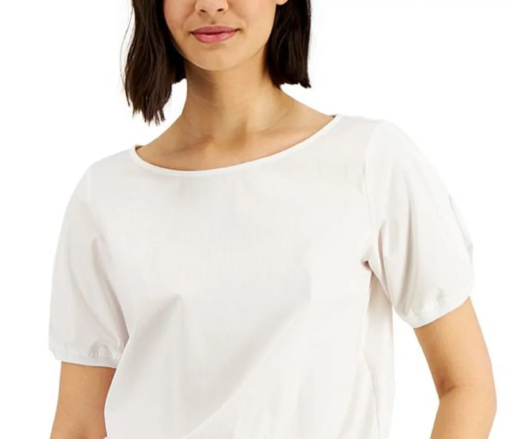 White Size Drawstring Top Donna Sleeve Small Women's Puff Karan