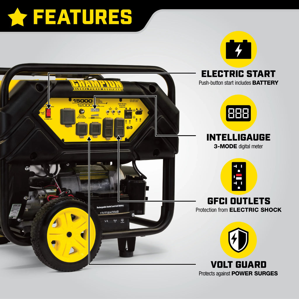 Portable with Champion Hook Equipment Watts Lift 15,000/12,000 Power Start Electric Generator and