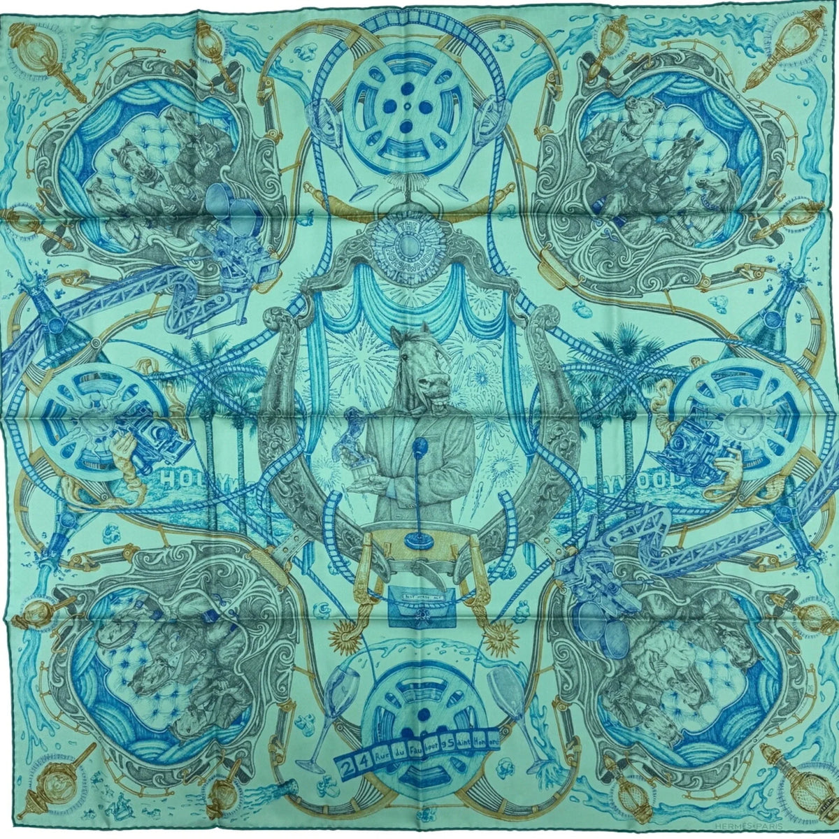 Pre-Owned (Like Kare90 New) Award Silk Hermes Blue HERMES Horsewards Gray Large Horse Scarf Ladies The Green