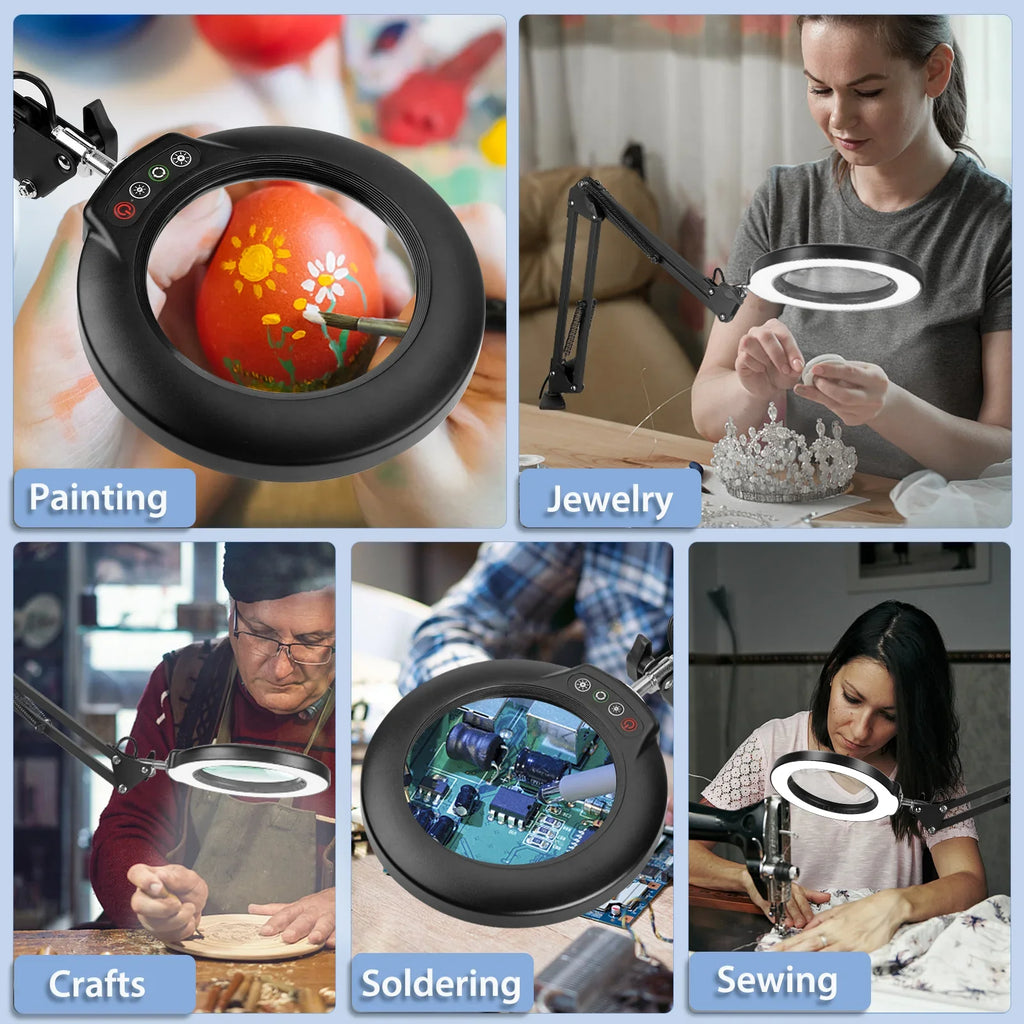 LED Glass Work, Painting, Color Stand, Magnifying Lighted 5 with Modes Hands Sewing with Stepless Light Dimmable, 10X Magnifier Lamp for Magnifying 2-in-1 Craft, Desk Close Free and Clamp,