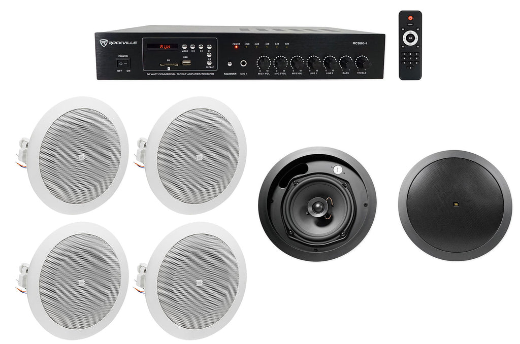 4" Restaurant/Bar/Cafe Black Speakers+Amp House+(4) Front JBL of Background 6.5"