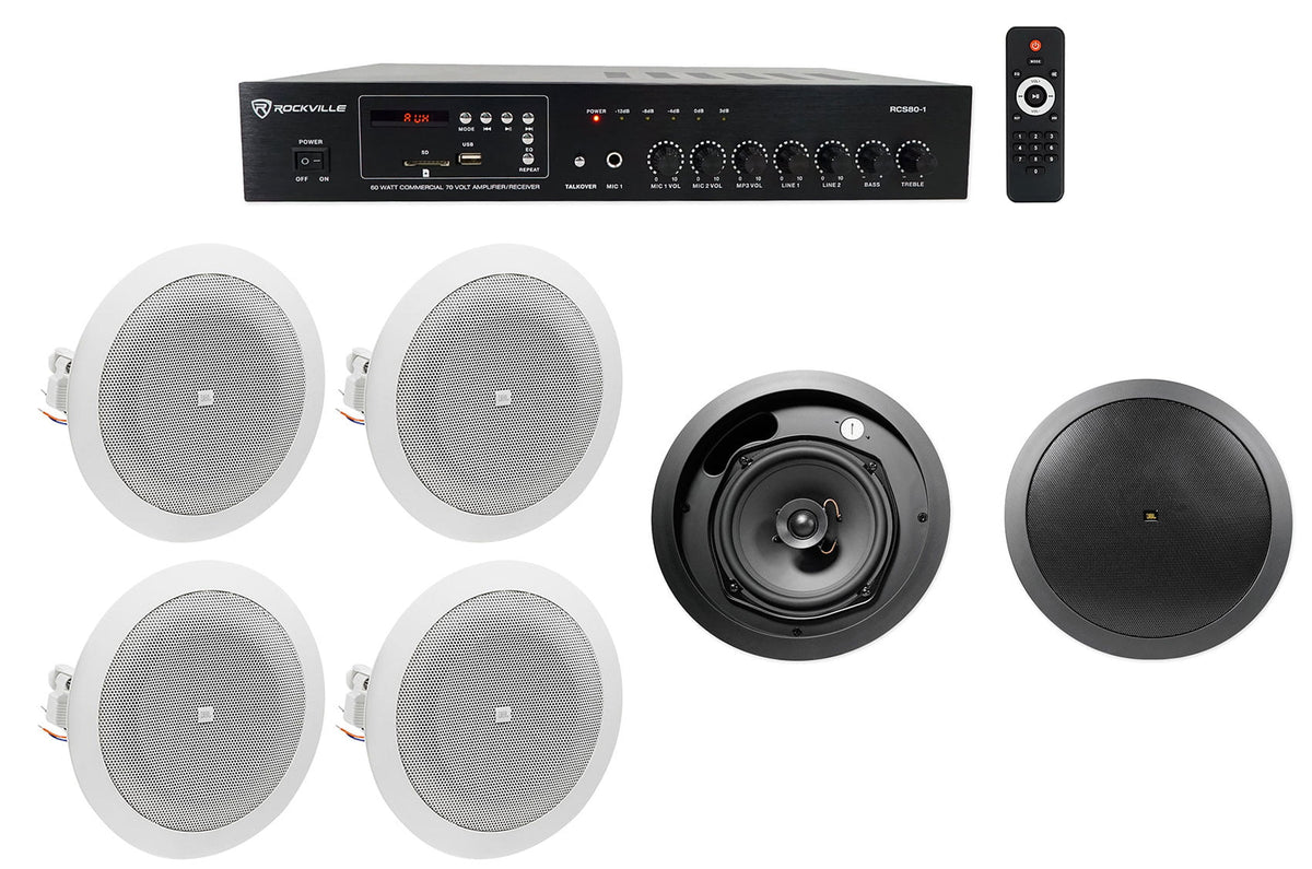 4" Restaurant/Bar/Cafe Black Speakers+Amp House+(4) Front JBL of Background 6.5"