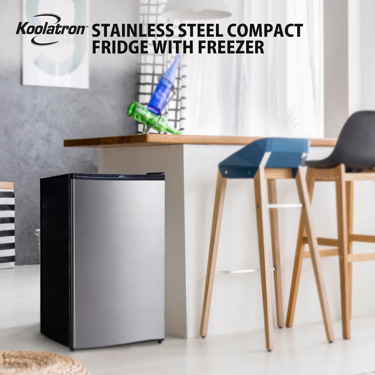 Koolatron Freezer Steel Fridge 4.4 Cu Stainless Compact Ft (124L) Refridgerator with