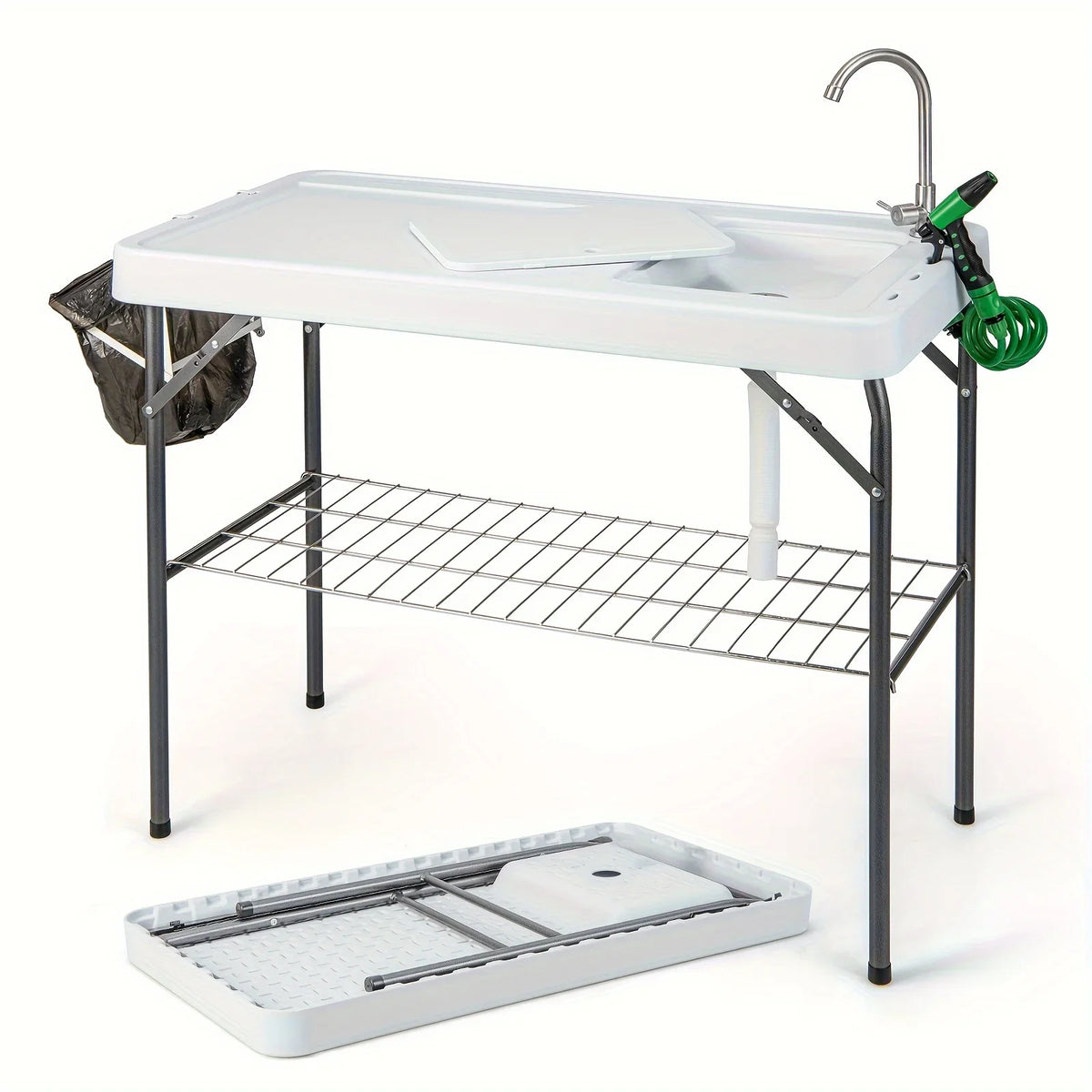 Fish Portable Camping W/ Faucet Grid Cleaning Table Table, Folding Hose Rack