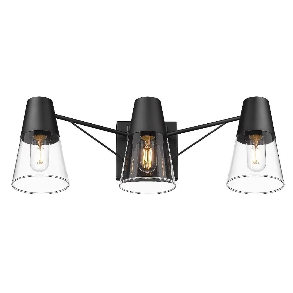 Lighting Ryker Metal/Glass Vanity Bath 3-Light Golden in Black/Clear Matte