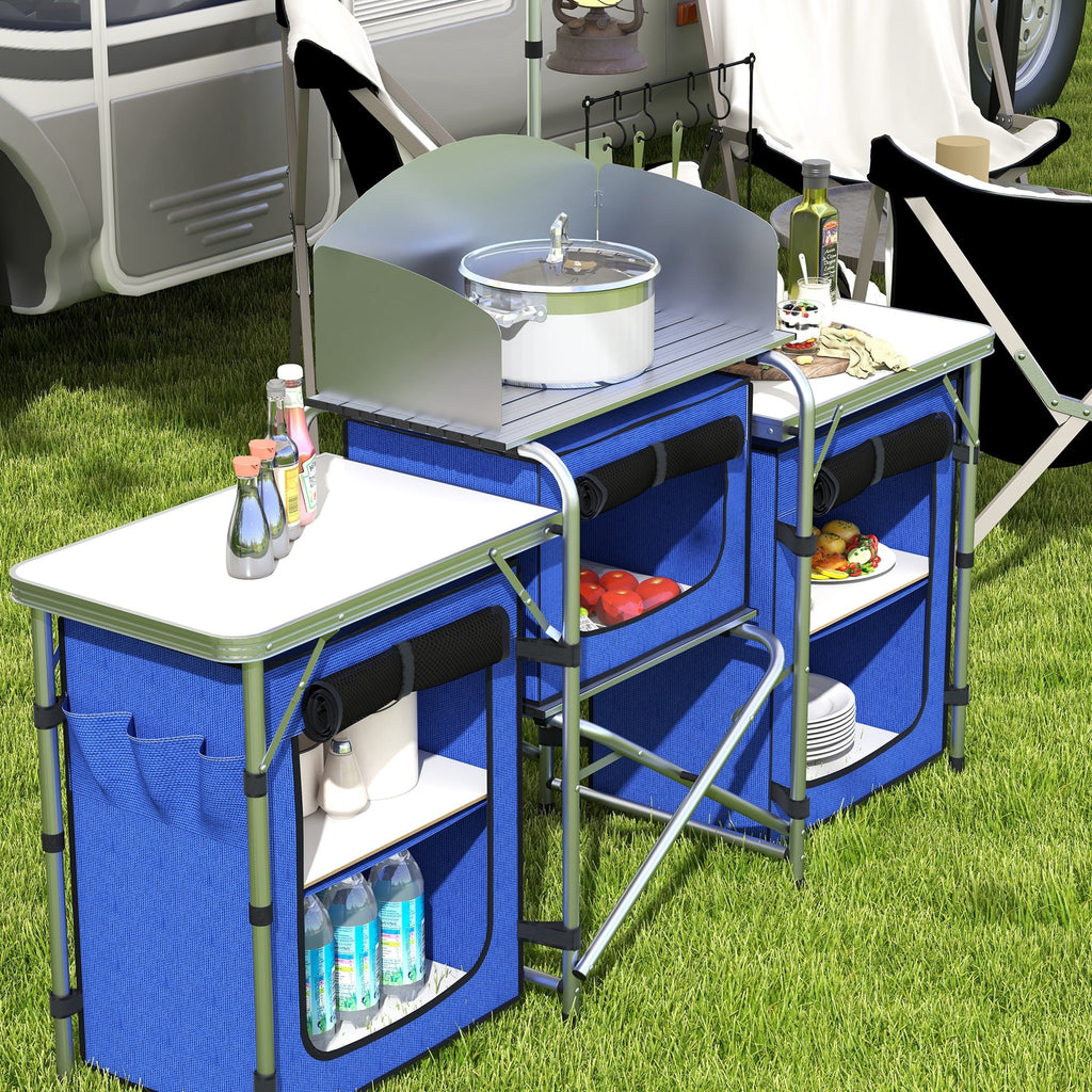 Folding Camping with Cupboards Outsunny Blue Fabric Kitchen Windshield