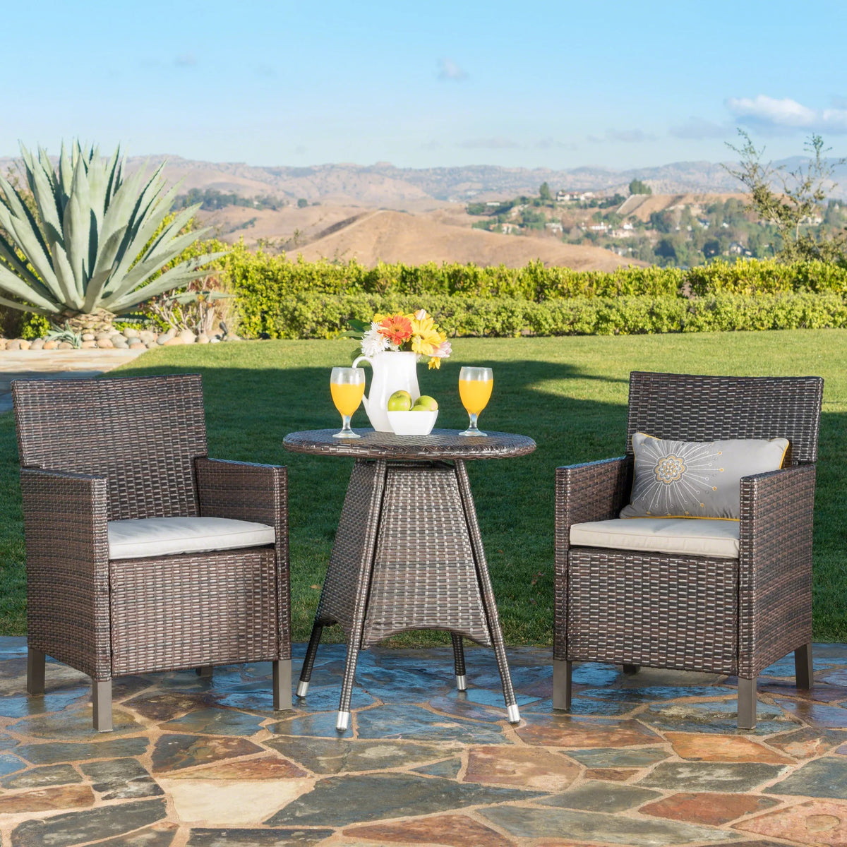 Emanuel Multibrown, Piece Brown Wicker Outdoor Dining Round Set 3 Cushions, with Light
