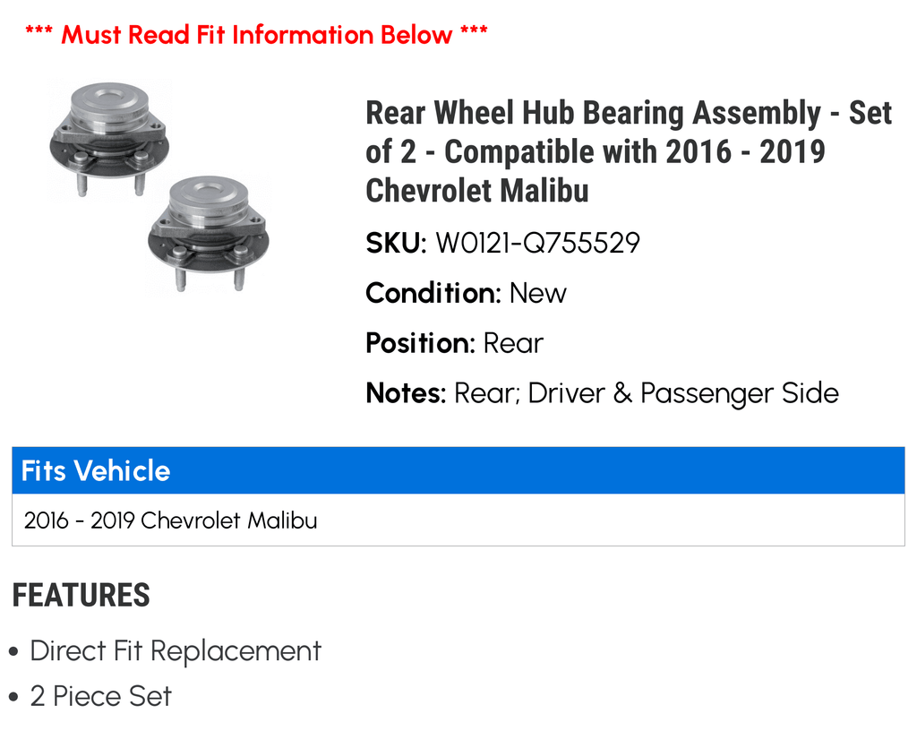 '- Wheel Hub 2016 Malibu Compatible 2018 - of 2019 Chevy 2017 with 2 Assembly Rear Bearing - Set