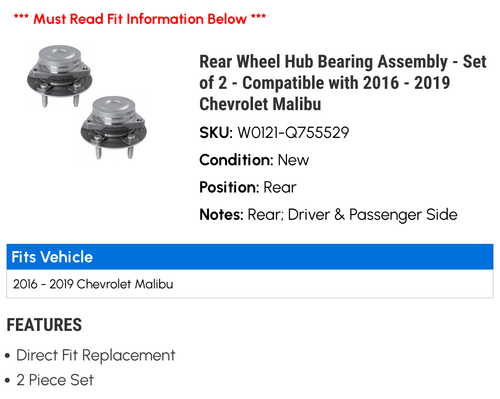 '- Wheel Hub 2016 Malibu Compatible 2018 - of 2019 Chevy 2017 with 2 Assembly Rear Bearing - Set