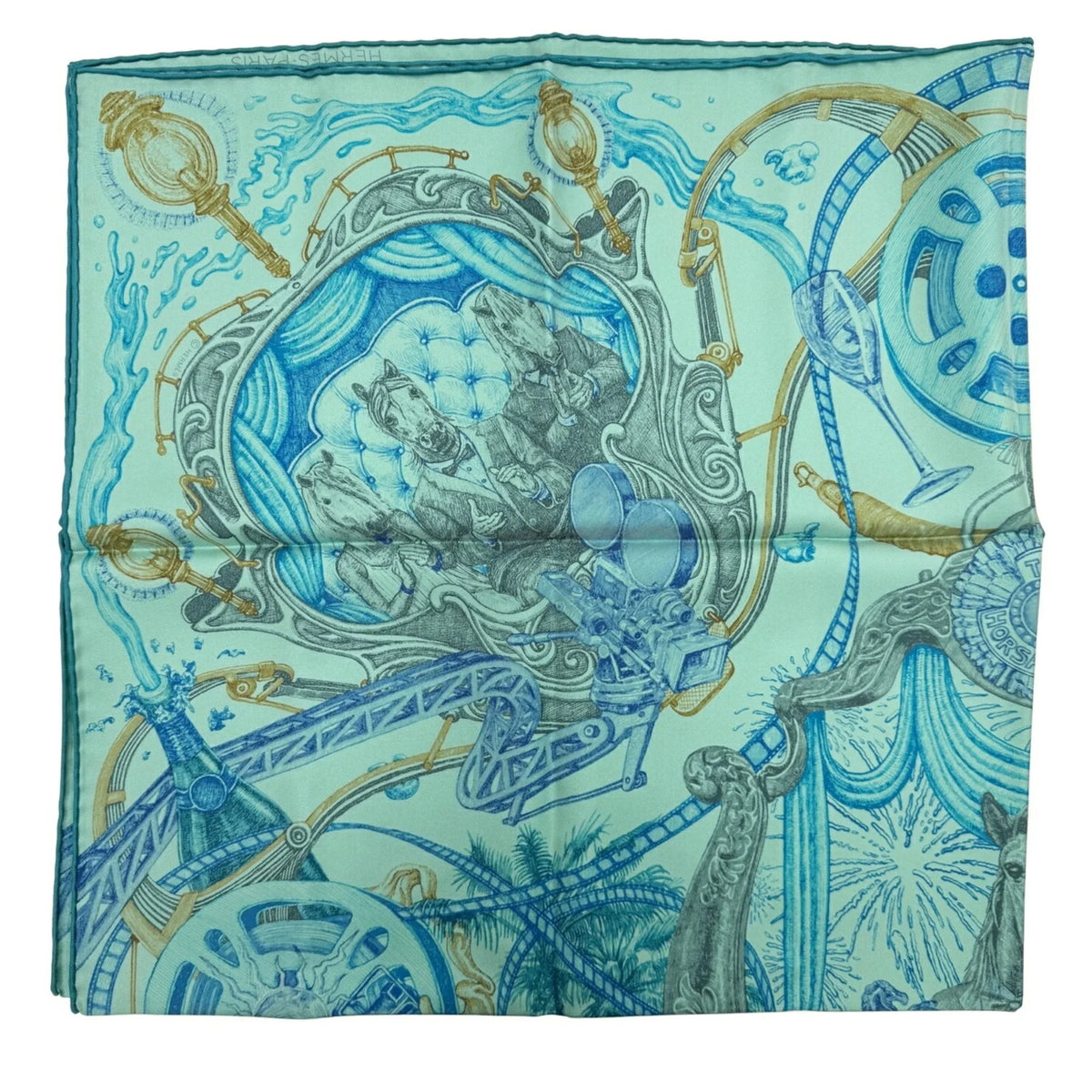 Pre-Owned (Like Kare90 New) Award Silk Hermes Blue HERMES Horsewards Gray Large Horse Scarf Ladies The Green