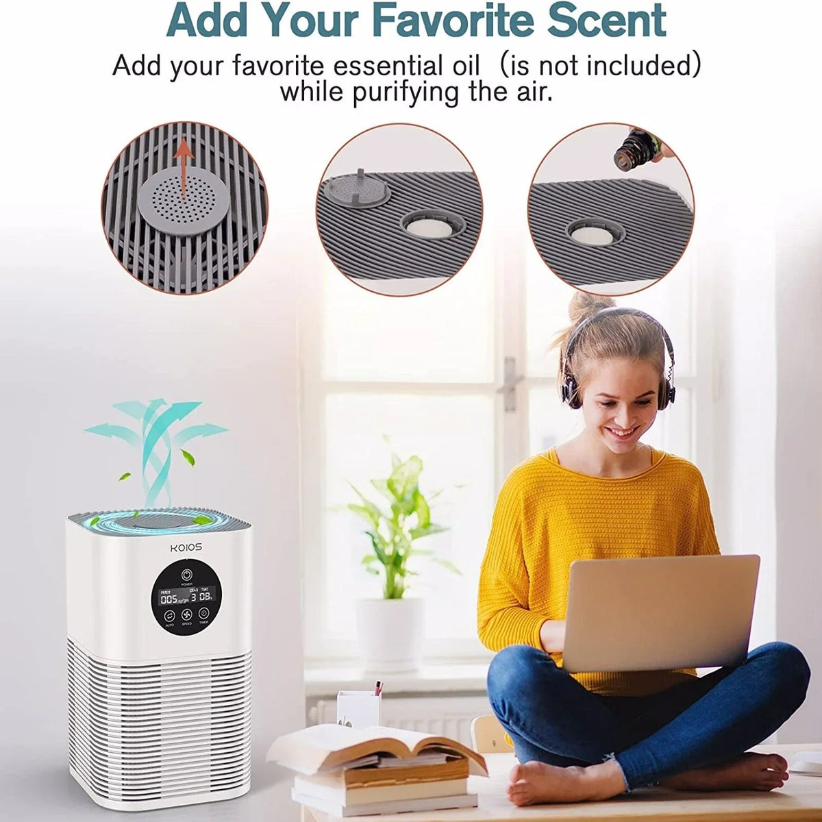 Purifier for Home Bedroom, for Smoke KOIOS white) (HQKJ-50, with Auto Control HEPA H13 Speed Purifiers Air Air