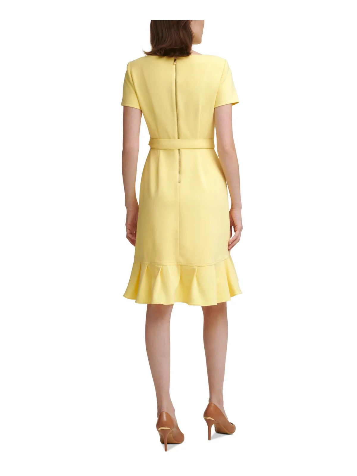 Stretch Tie Neck Sleeve KLEIN Yellow Scuba Tulip Zippered CALVIN Dress Round Ruffled Womens Knee Sheath Sash Crepe Hem 0P Petites Short Party Length