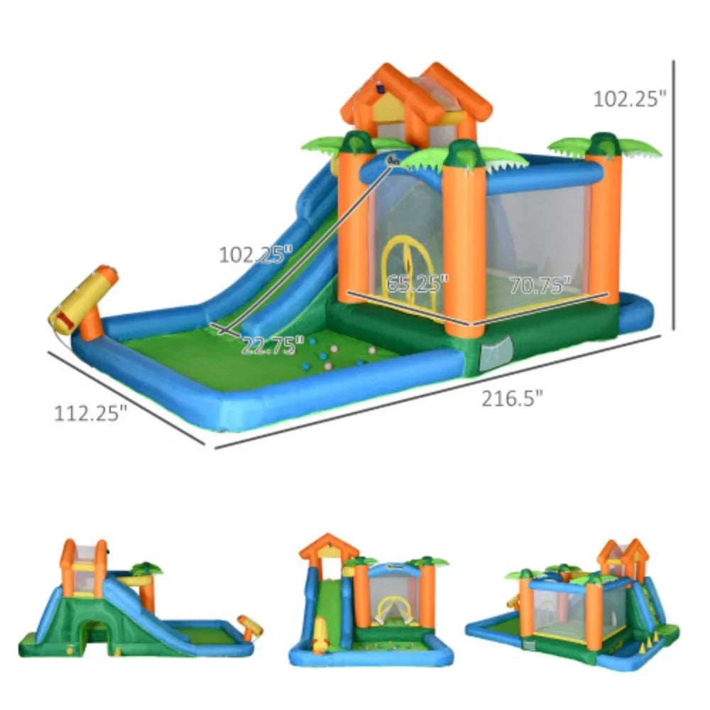 air-filled Summer with Tropical Theme Pool Wall 6-in-1 Includes Blower Carry Air Climbing Cannon Floating Ball Repair and Patches Castle Jumping 450W Trampoline Slide Bag, Water Slide Outsunny