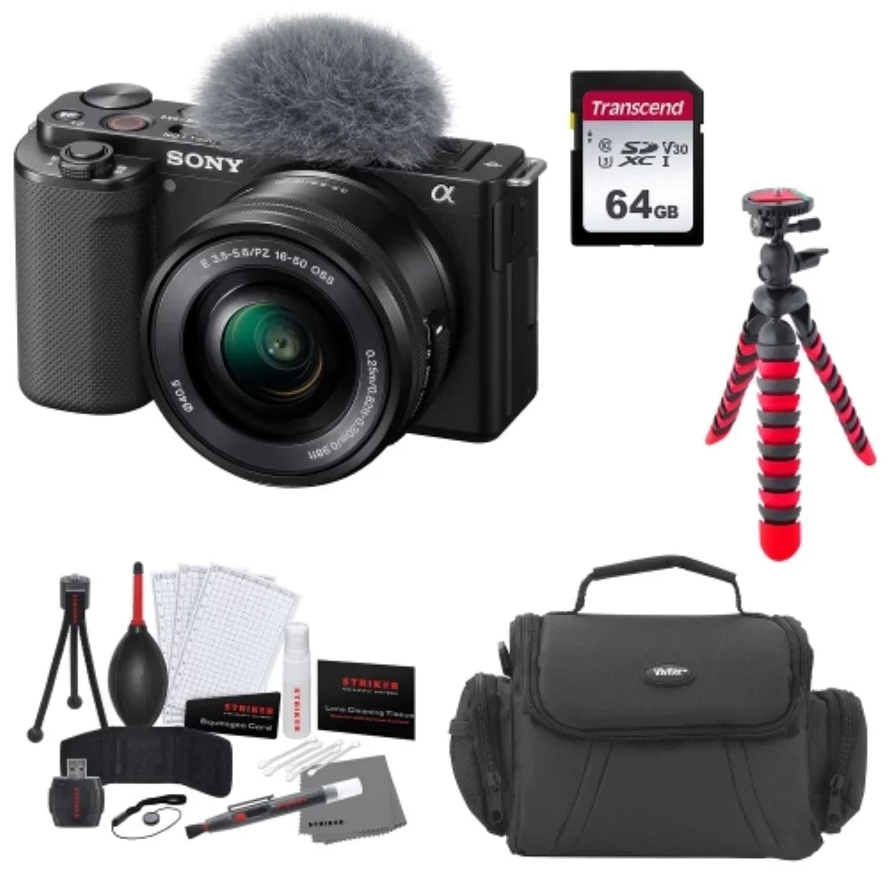 ZV-E10 Memory + (5 with Flexible Bag (Black) |16-50mm Items) Camera Mirrorless Tripod Kit 64GB Lens Card Bundle Transcend + Camera Sony Cleaning +