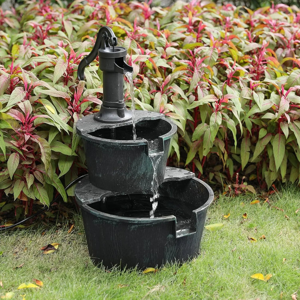 Cascading Water Electric Backyard 2-Tier Pump Garden Porch For Waterfall With Teal Patio Rustic Fountain Decor, Outdoor Fountain Blue Freestanding