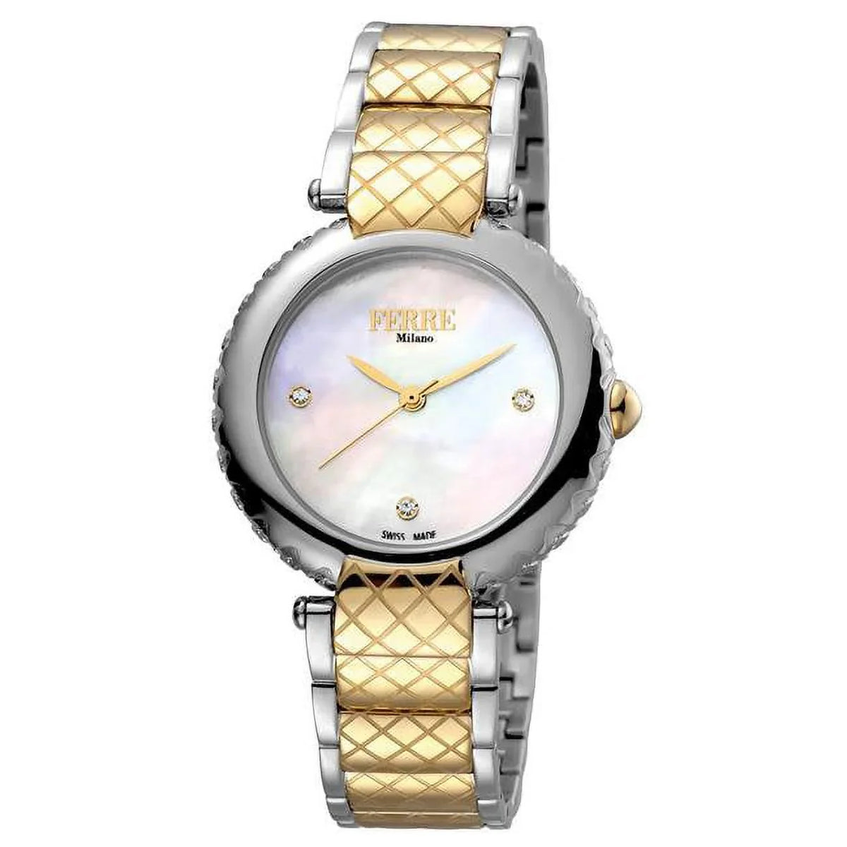 Tone Gold with Quartz Bracelet Mother Two Watch Swiss Made Dial White Pearl Womens of