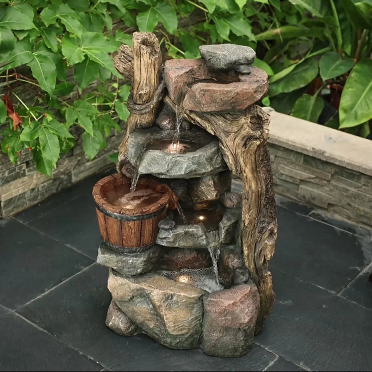 Barrel Outdoor Fountain Wall Lights And Resin With Stacked Led Nice HomeStock Naturally Rock
