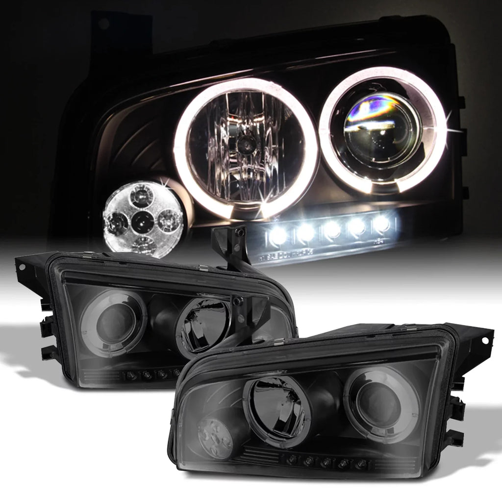 [LED + 2006-2008 Tail in AKKON Lights Charger Tail + Dual Halo Headlights Housing Smoke - Headlights]Fits Black Dodge