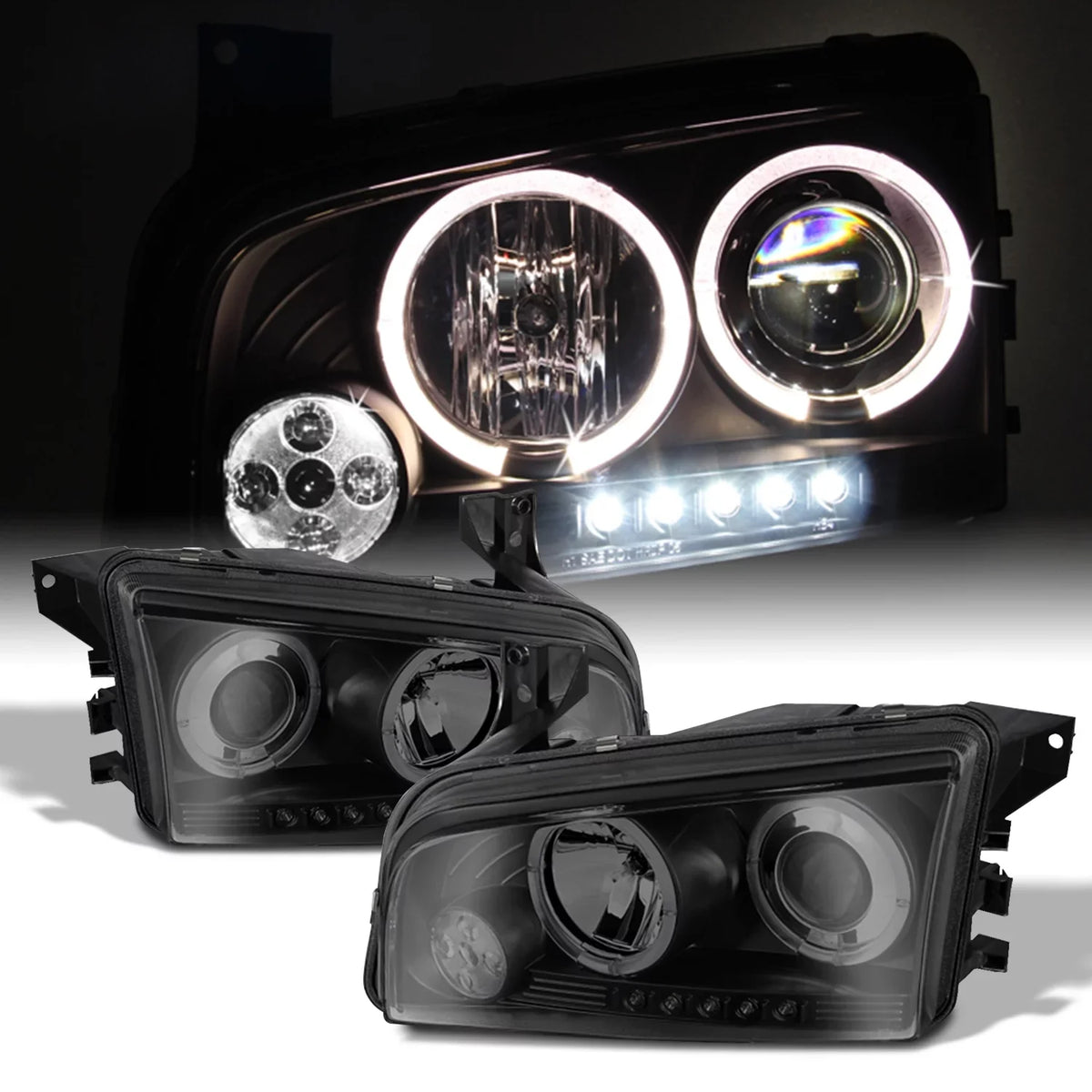 [LED + 2006-2008 Tail in AKKON Lights Charger Tail + Dual Halo Headlights Housing Smoke - Headlights]Fits Black Dodge
