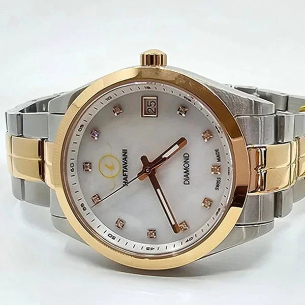 Diamonds -100M Stainless – Swiss - Haftavani Queen Watch - With Lady Diamond Marble Bicolour Silver-Rose Waterproof Quartz Gold Steel Face Genuine Made