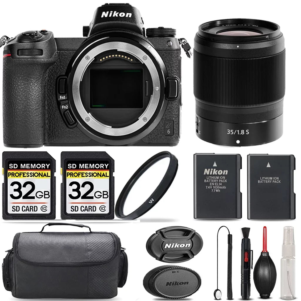 International Kit - Mirrorless Z6 + Backup Battery with Lens Cleaning UV + + 64GB Storage S Extra 35mm Filter Nikon + f/1.8 Case + Version