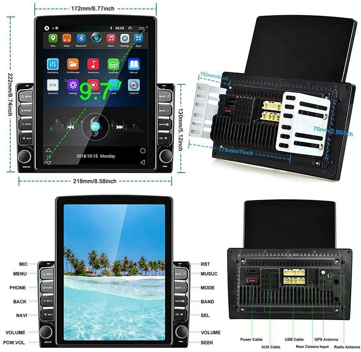 9.7" Screen FM Music GPS Touch Navigation Universal Bluetooth KingFurt Reversing Input Radio Camera Car Stereo