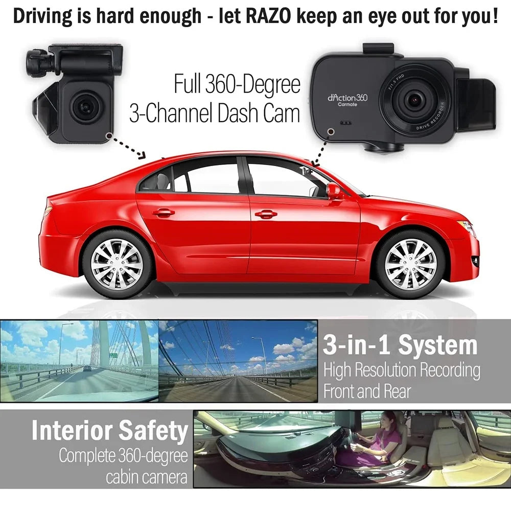 microSD 3-Ch Spots, 32GB Surroundings Razo Blind All Cam Once, All (Open DC4000RA, Card Detection with Records - Box) at Built-in Simultaneous Recording, GPS, 360-Degree G-Sensor Impact Covering Dash