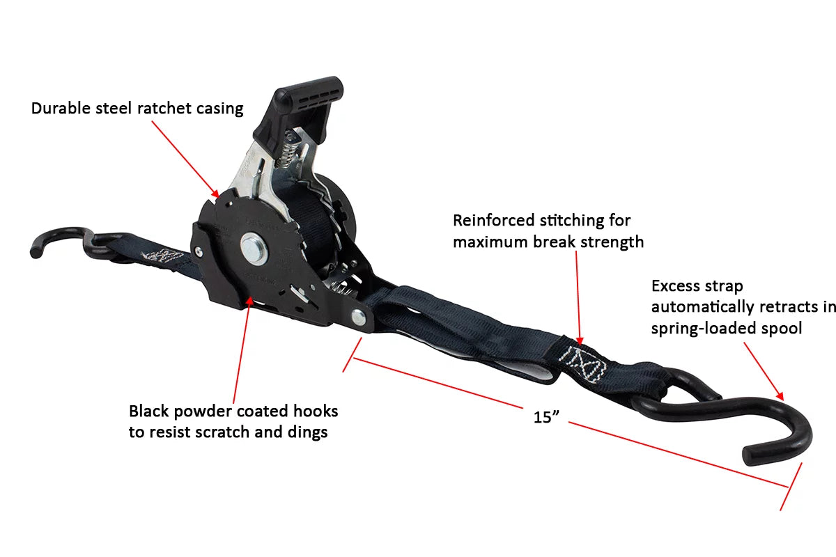 Ratchet Motorcycles, NO-RATCHETING Retract Retractable Secure Tie-Down Hook Coated Trailer for Bikes: Pack with 1" x 8 | Tiedowns Straps Straps S ATVs, & Auto 12' Pickup Ratchet Tight -