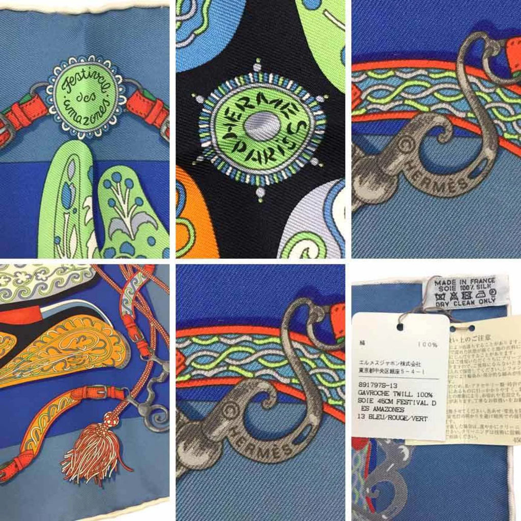 Hermes Pre-Owned aq7340 AMAZONES Scarf (Like New) BLUE/ROUGE/VERT Square Neckerchief Pocket FESTIVAL Amazon Muffler 100% Silk DES Gavroche Festival HERMES Carre 45