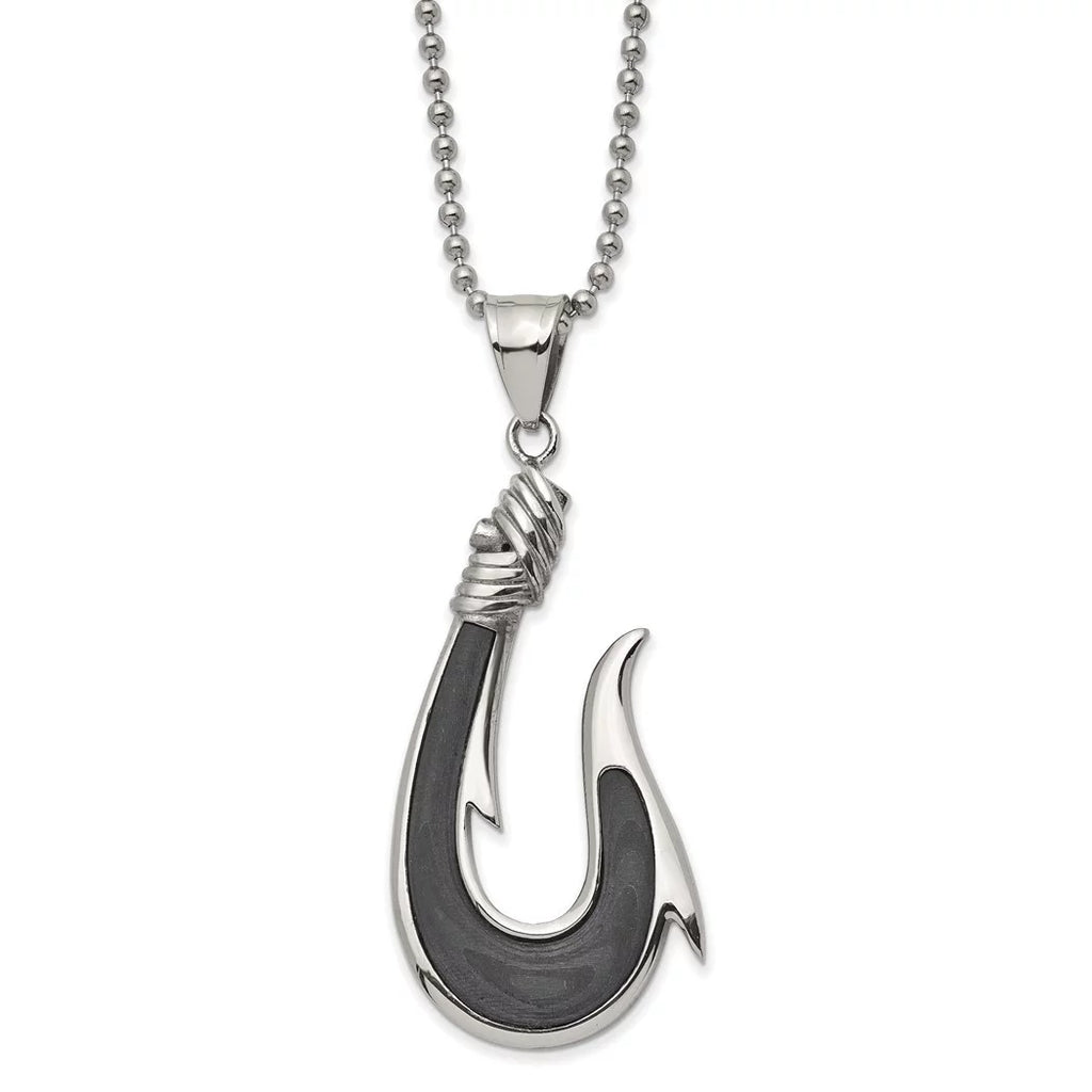 Necklace 22 Jewelry Stainless Chain Solid Ball Pendant a Fiber With Hook Black Carbon Steel 25.9mm Chisel Inch Polished