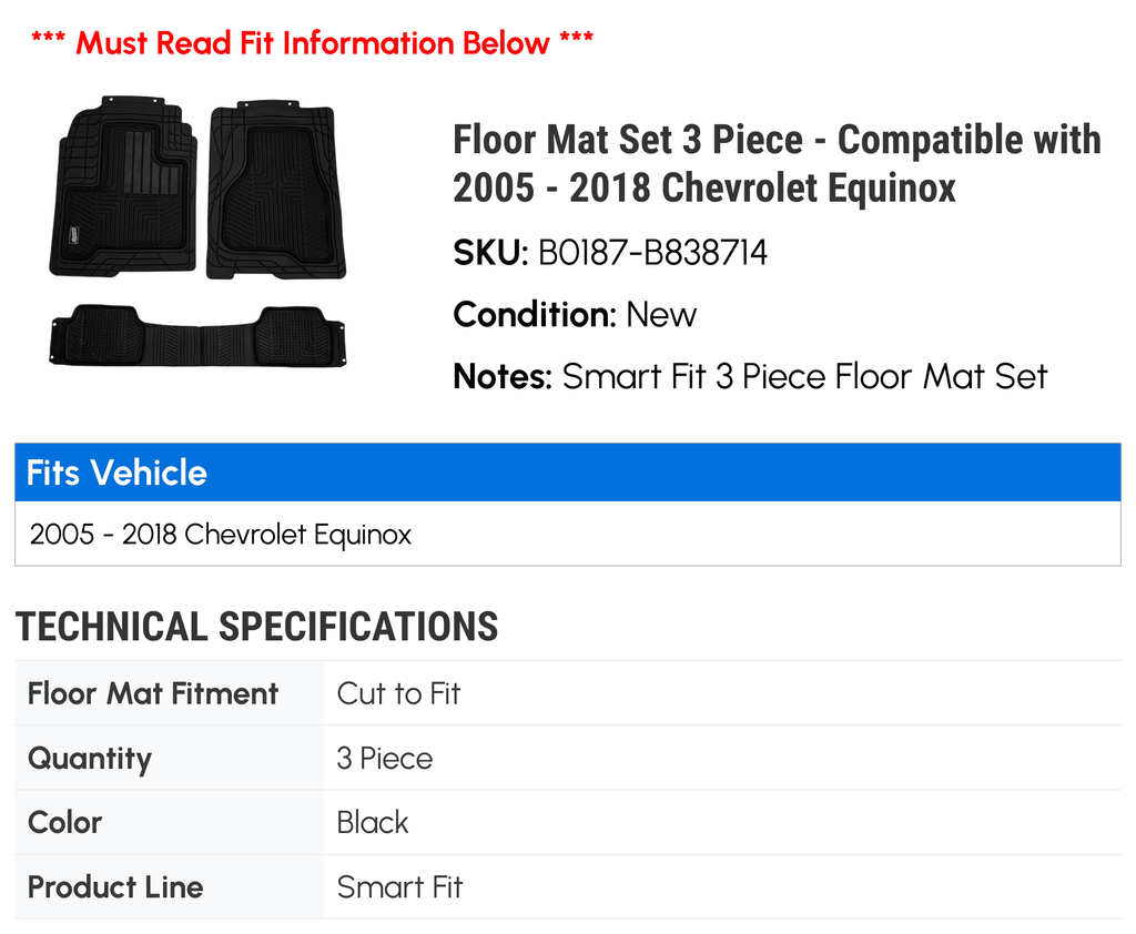 2005 2007 2014 Compatible - 2013 2008 2015 Piece 2017 2009 2011 2010 3 Equinox 2016 - Chevy Set 2012 Floor Mat 2018 with 2006