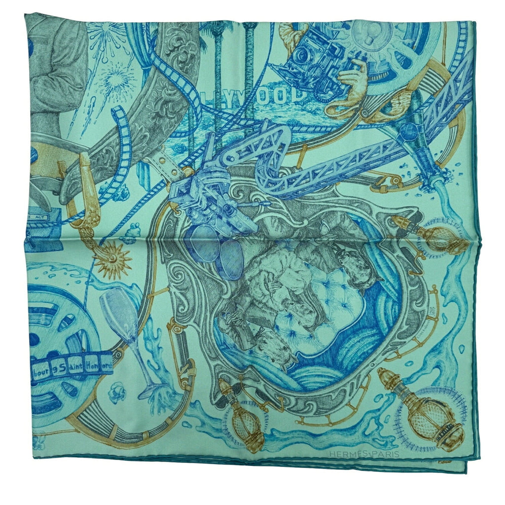 Pre-Owned (Like Kare90 New) Award Silk Hermes Blue HERMES Horsewards Gray Large Horse Scarf Ladies The Green