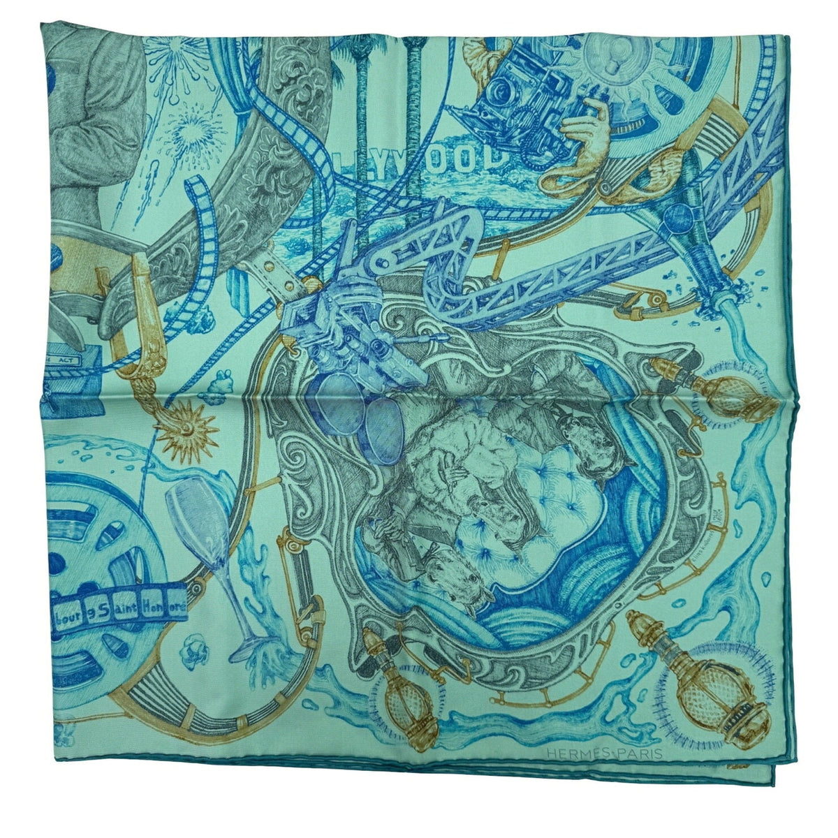 Pre-Owned (Like Kare90 New) Award Silk Hermes Blue HERMES Horsewards Gray Large Horse Scarf Ladies The Green