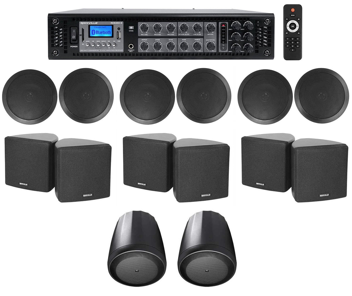 Speakers Black 6-Zone for 3.5" Cube+(2) JBL Office/Hotel Pendant+Ceiling Amp+(6)
