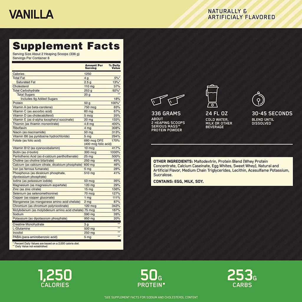 Powder, Protein Gainer Weight Serious Vanilla, Optimum 6.lb Mass, Nutrition,