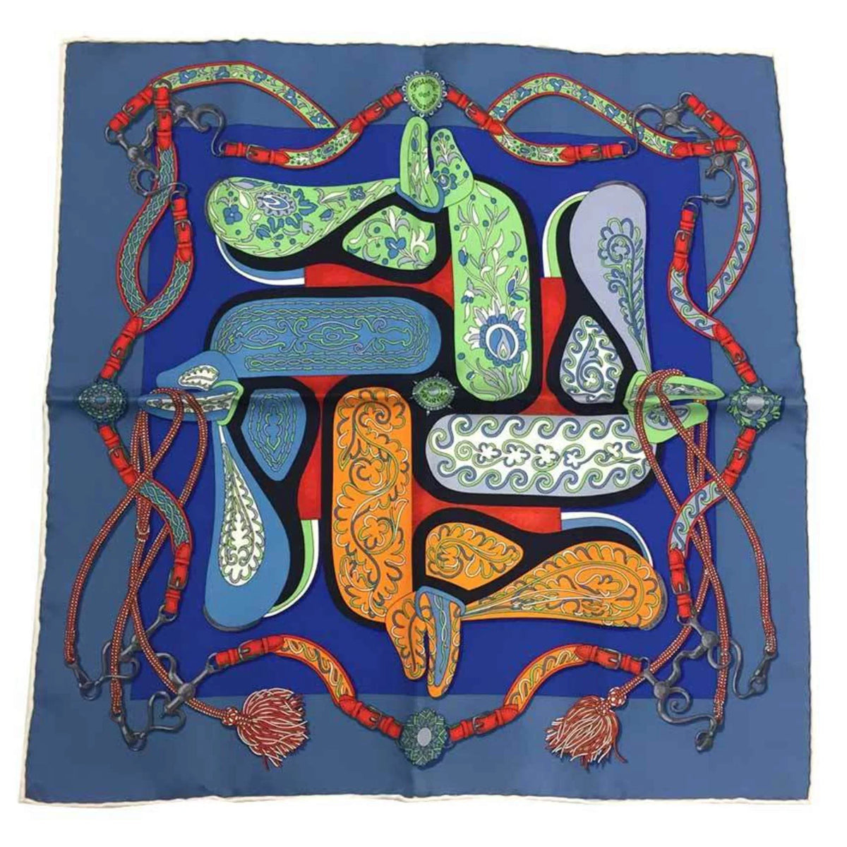 Hermes Pre-Owned aq7340 AMAZONES Scarf (Like New) BLUE/ROUGE/VERT Square Neckerchief Pocket FESTIVAL Amazon Muffler 100% Silk DES Gavroche Festival HERMES Carre 45