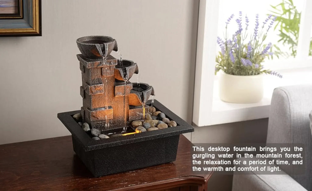Imitation Waterfall Stone River Tabletop Natural Meditation Relaxing Many Home Wall Décor Fountain(22070) LED Lights Fountain Tabletop Office Rock Fountain 3-Tier GOSSI
