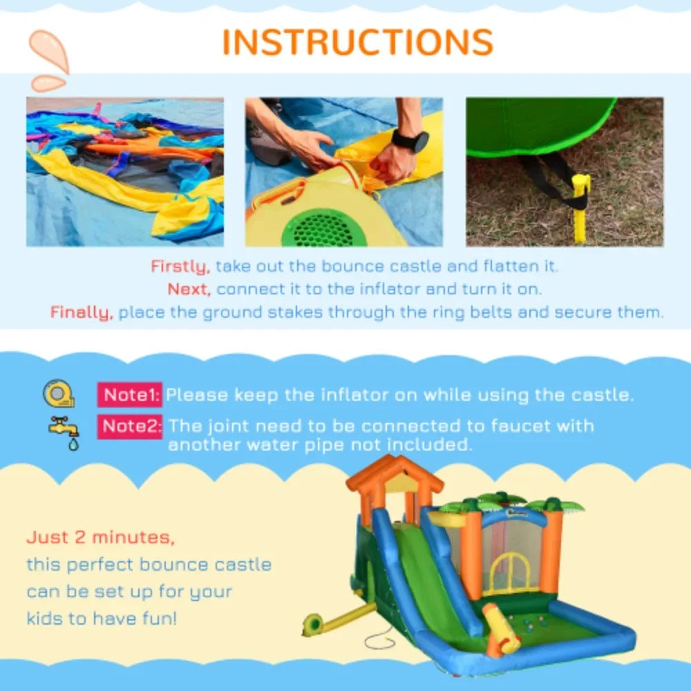 air-filled Summer with Tropical Theme Pool Wall 6-in-1 Includes Blower Carry Air Climbing Cannon Floating Ball Repair and Patches Castle Jumping 450W Trampoline Slide Bag, Water Slide Outsunny