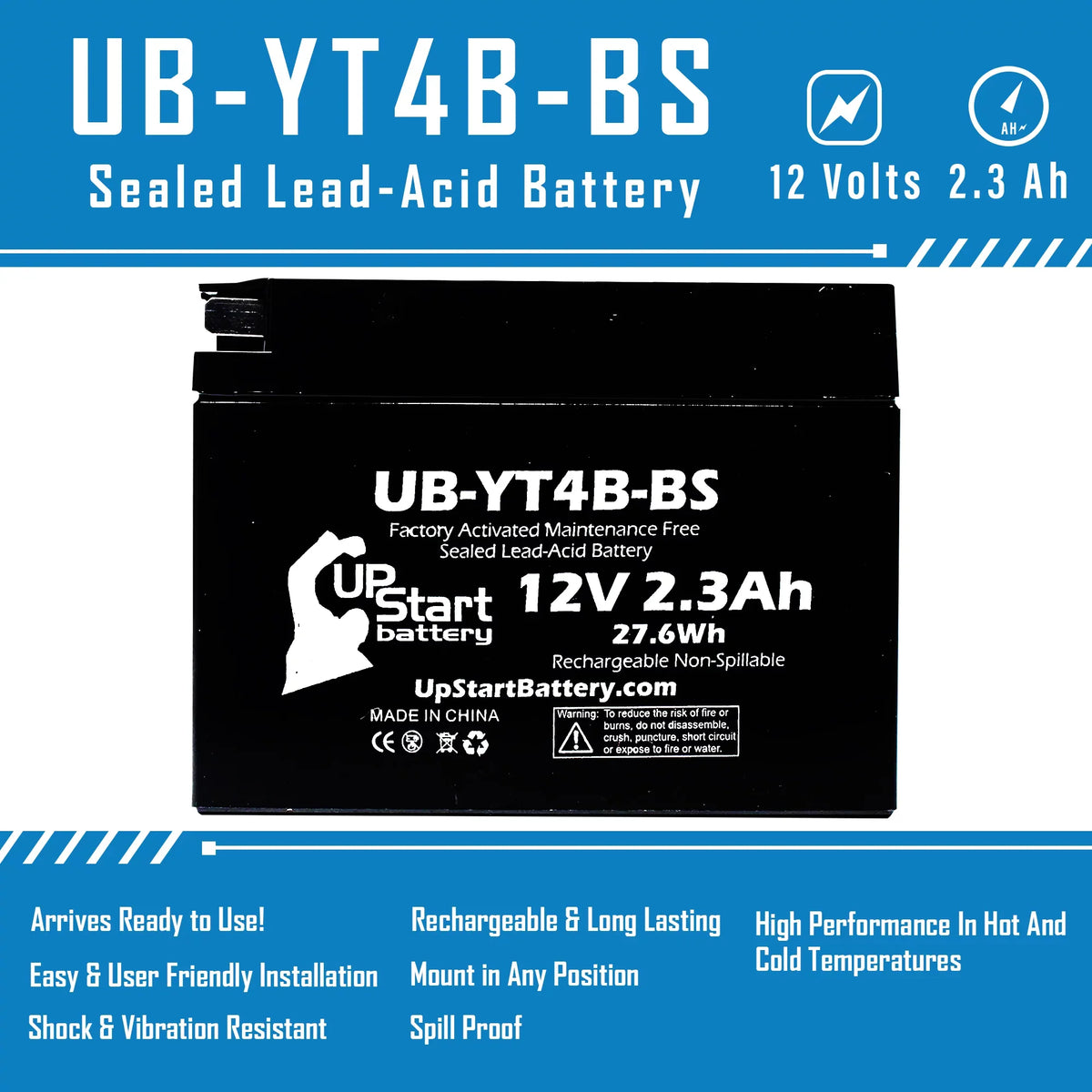 2010 4-Pack for Battery Motorcycle SR400 12V, Replacement 400CC Yamaha 2.3Ah, - Free, UpStart Maintenance Battery Activated, UB-YT4B-BS (FI) Factory