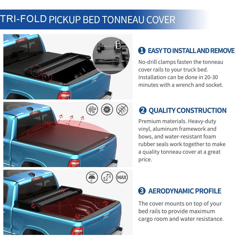 Dodge Ram 6.5FT Soft Cover 2002-2023 Bed Tonneau 1500/Ram 3500 for Truck Ledkingdomus 2500 Tri-Fold